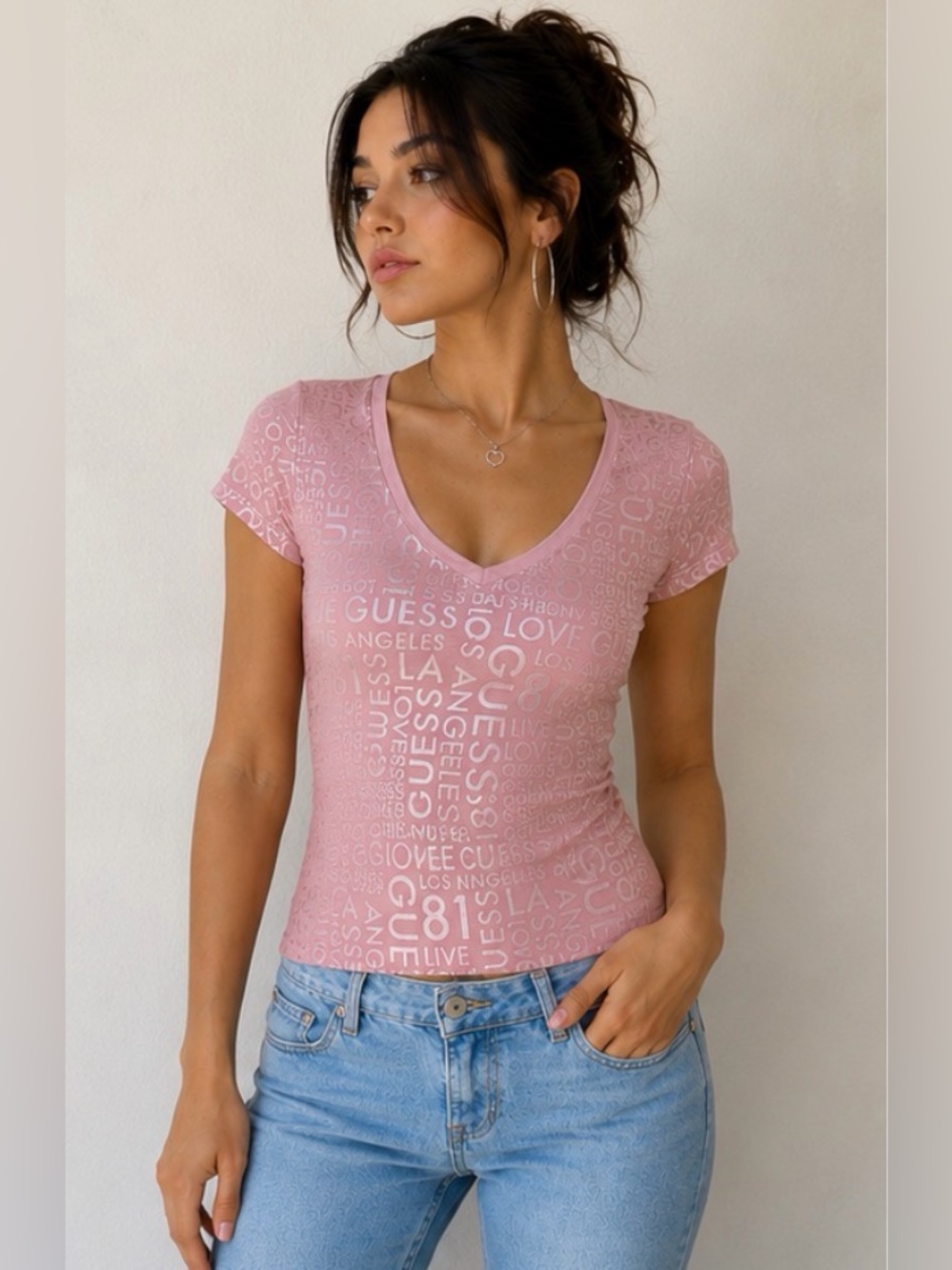 GUESS Y2K Pink Logo Baby Tee Small Metallic Graphic V-Neck Fitted 2000s Top NWOT